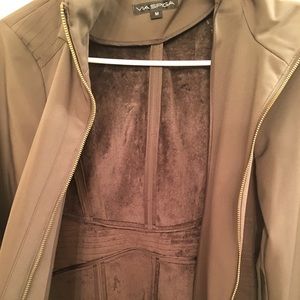Dark olive knee length winter coat.